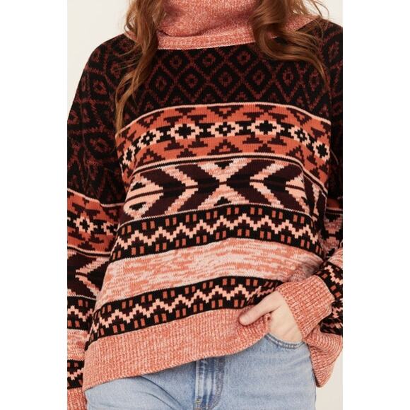 WRANGLER RETRO Southwestern Cowl Neck Boxy Sweater MEDIUM Western Aztec Cabin - Picture 3 of 8